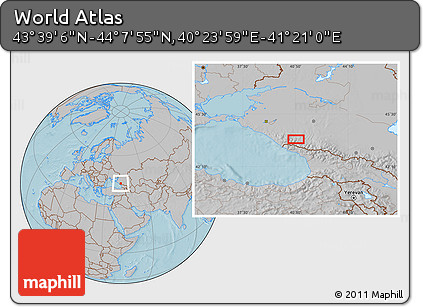 Gray Location Map of the Area around 43° 53' 30" N, 40° 52' 30" E, hill shading