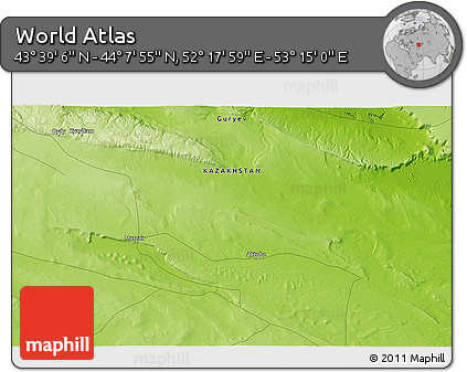 Physical 3D Map of the Area around 43° 53' 30" N, 52° 46' 29" E
