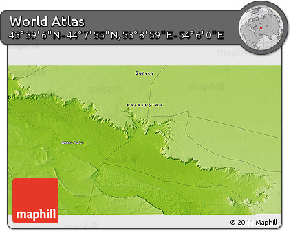Physical 3D Map of the Area around 43° 53' 30" N, 53° 37' 30" E