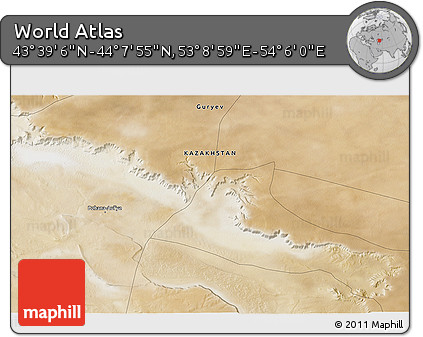 Satellite 3D Map of the Area around 43° 53' 30" N, 53° 37' 30" E