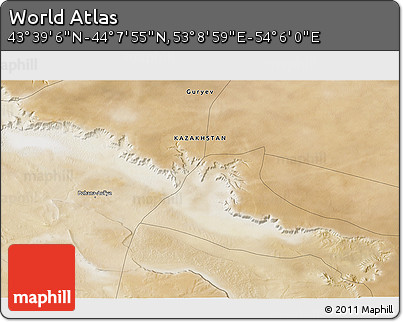 Satellite 3D Map of the Area around 43° 53' 30" N, 53° 37' 30" E