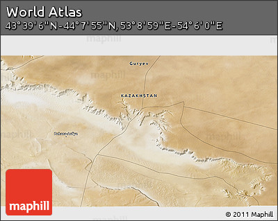 Satellite 3D Map of the Area around 43° 53' 30" N, 53° 37' 30" E