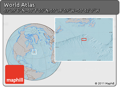 Gray Location Map of the Area around 43° 53' 30" N, 55° 10' 29" W, hill shading