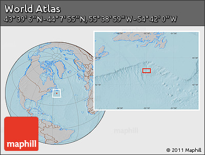 Gray Location Map of the Area around 43° 53' 30" N, 55° 10' 29" W, hill shading