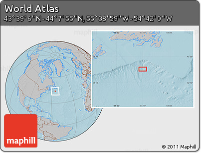 Gray Location Map of the Area around 43° 53' 30" N, 55° 10' 29" W, hill shading