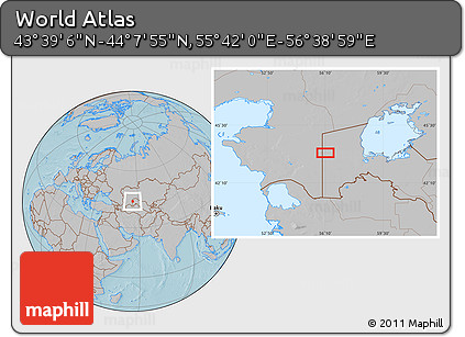 Gray Location Map of the Area around 43° 53' 30" N, 56° 10' 29" E, hill shading