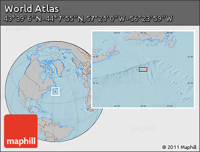 Gray Location Map of the Area around 43° 53' 30" N, 56° 52' 30" W, hill shading