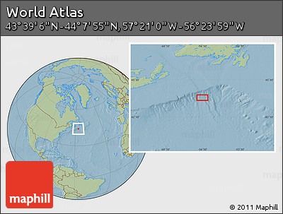 Savanna Style Location Map of the Area around 43° 53' 30" N, 56° 52' 30" W, hill shading