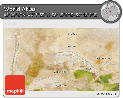 Satellite 3D Map of the Area around 43° 53' 30" N, 58° 43' 30" E