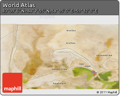 Satellite 3D Map of the Area around 43° 53' 30" N, 58° 43' 30" E