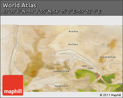 Satellite 3D Map of the Area around 43° 53' 30" N, 58° 43' 30" E