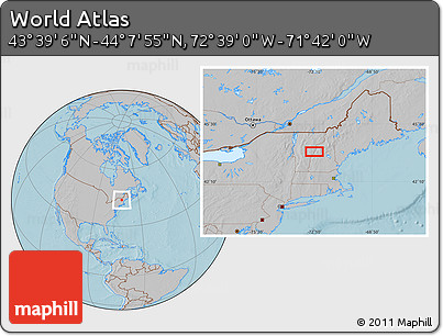 Gray Location Map of the Area around 43° 53' 30" N, 72° 10' 30" W, hill shading