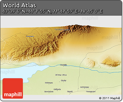 Physical 3D Map of the Area around 43° 53' 30" N, 78° 16' 30" E