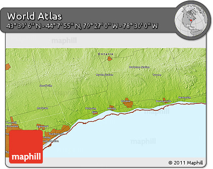 Physical 3D Map of the Area around 43° 53' 30" N, 78° 58' 29" W