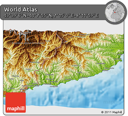 Physical 3D Map of the Area around 43° 53' 30" N, 7° 43' 29" E