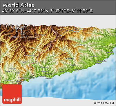 Physical 3D Map of the Area around 43° 53' 30" N, 7° 43' 29" E