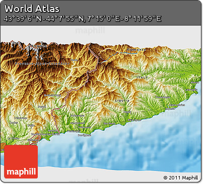 Physical 3D Map of the Area around 43° 53' 30" N, 7° 43' 29" E