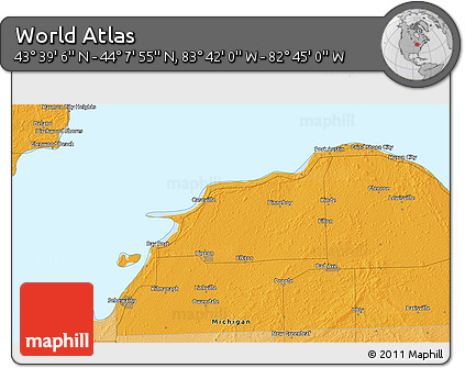Political 3D Map of the Area around 43° 53' 30" N, 83° 13' 29" W