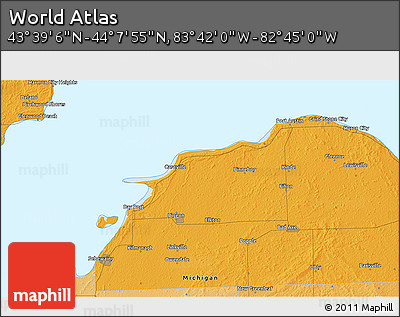 Political 3D Map of the Area around 43° 53' 30" N, 83° 13' 29" W