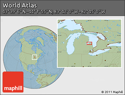 Savanna Style Location Map of the Area around 43° 53' 30" N, 83° 13' 29" W, hill shading