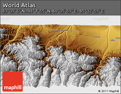 Physical 3D Map of the Area around 43° 53' 30" N, 85° 4' 29" E