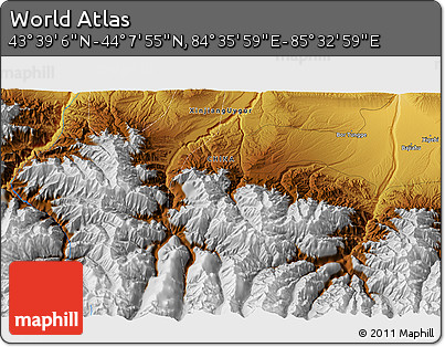 Physical 3D Map of the Area around 43° 53' 30" N, 85° 4' 29" E