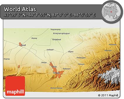 Physical 3D Map of the Area around 43° 53' 30" N, 87° 37' 30" E