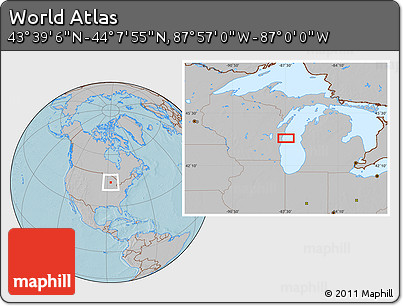 Gray Location Map of the Area around 43° 53' 30" N, 87° 28' 29" W, hill shading