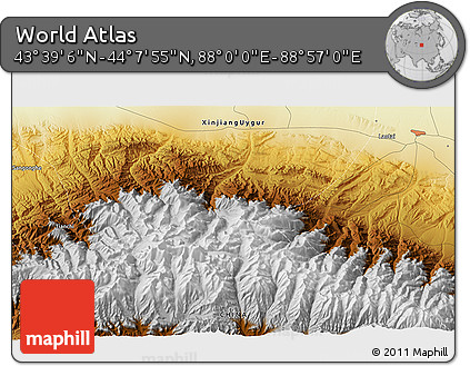 Physical 3D Map of the Area around 43° 53' 30" N, 88° 28' 29" E