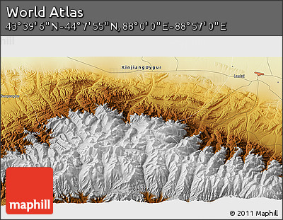 Physical 3D Map of the Area around 43° 53' 30" N, 88° 28' 29" E