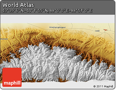 Physical 3D Map of the Area around 43° 53' 30" N, 88° 28' 29" E