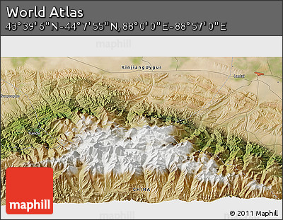 Satellite 3D Map of the Area around 43° 53' 30" N, 88° 28' 29" E