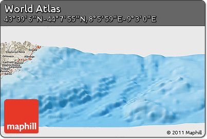 Shaded Relief Panoramic Map of the Area around 43° 53' 30" N, 8° 34' 29" E