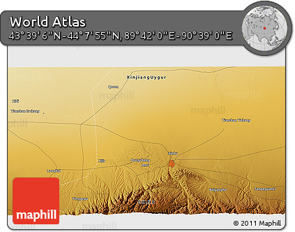 Physical 3D Map of the Area around 43° 53' 30" N, 90° 10' 30" E
