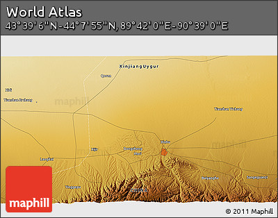 Physical 3D Map of the Area around 43° 53' 30" N, 90° 10' 30" E