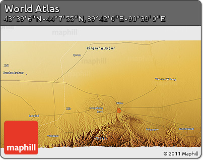 Physical 3D Map of the Area around 43° 53' 30" N, 90° 10' 30" E