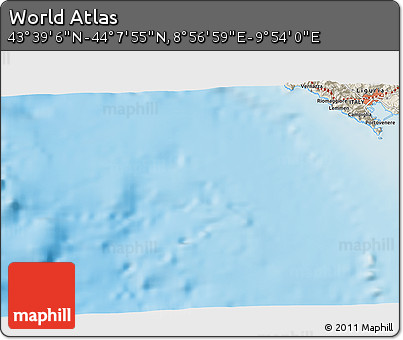 Shaded Relief 3D Map of the Area around 43° 53' 30" N, 9° 25' 30" E