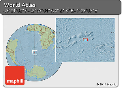Savanna Style Location Map of the Area around 43° 10' 22" S, 0° 55' 29" E, hill shading