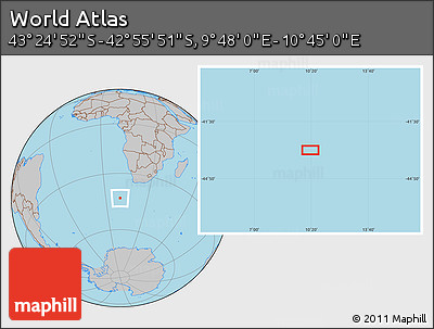 Gray Location Map of the Area around 43° 10' 22" S, 10° 16' 30" E