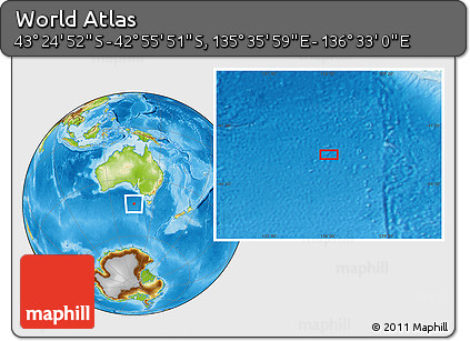 Physical Location Map of the Area around 43° 10' 22" S, 136° 4' 29" E
