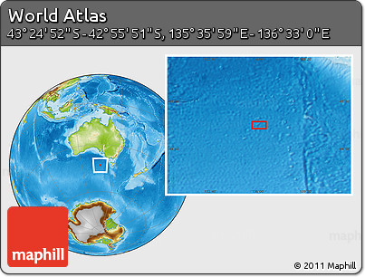 Physical Location Map of the Area around 43° 10' 22" S, 136° 4' 29" E