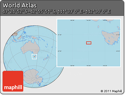 Gray Location Map of the Area around 43° 10' 22" S, 142° 1' 30" E