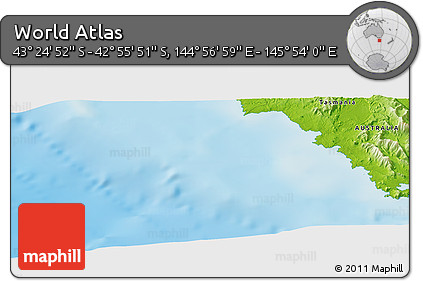 Physical Panoramic Map of the Area around 43° 10' 22" S, 145° 25' 30" E