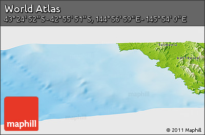 Physical Panoramic Map of the Area around 43° 10' 22" S, 145° 25' 30" E