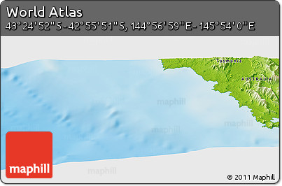 Physical Panoramic Map of the Area around 43° 10' 22" S, 145° 25' 30" E