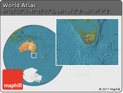 Satellite Location Map of the Area around 43° 10' 22" S, 146° 16' 30" E