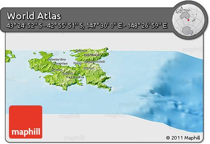 Physical Panoramic Map of the Area around 43° 10' 22" S, 147° 58' 29" E