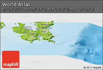 Physical Panoramic Map of the Area around 43° 10' 22" S, 147° 58' 29" E