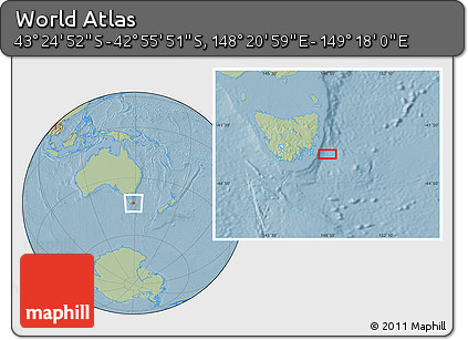 Savanna Style Location Map of the Area around 43° 10' 22" S, 148° 49' 29" E, hill shading