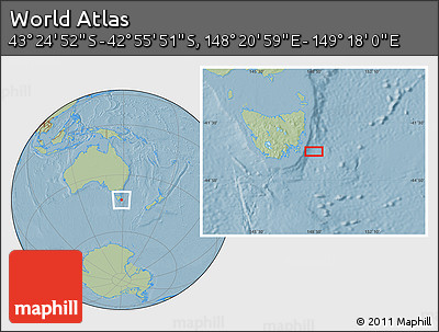 Savanna Style Location Map of the Area around 43° 10' 22" S, 148° 49' 29" E, hill shading